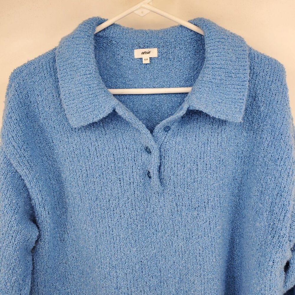 Aerie Women's Blue Textured Folded Collar Henley Neck Boxy Shirt Size Small - Picture 6 of 7